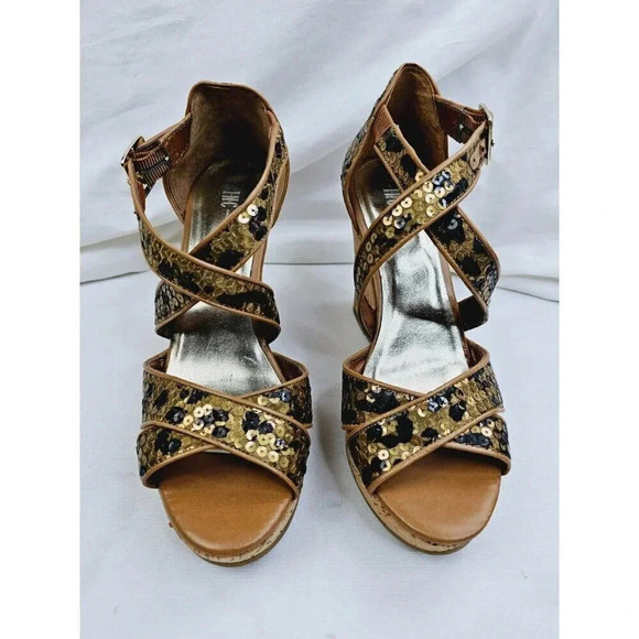 INC Size 9M Women Leopard Sequin "Dianara" Cork Wedge Cross Strap Peep Toe Heels - Picture 6 of 14